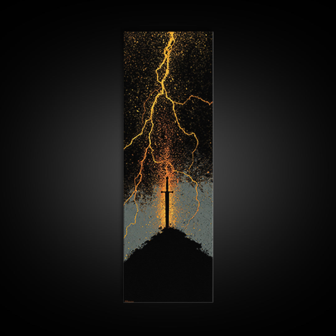 Mythic Norse Sword Canvas Gold Art – Viking-inspired Canvas Art, perfect Man Cave Art or Office Gift, framed in natural wood