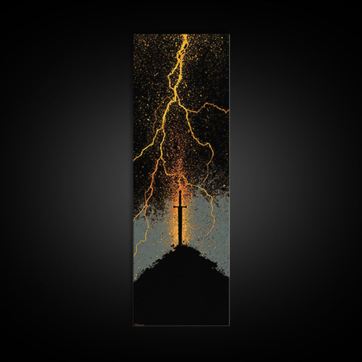 Mythic Norse Sword Canvas Gold Art – Viking-inspired Canvas Art, perfect Man Cave Art or Office Gift, framed in natural wood