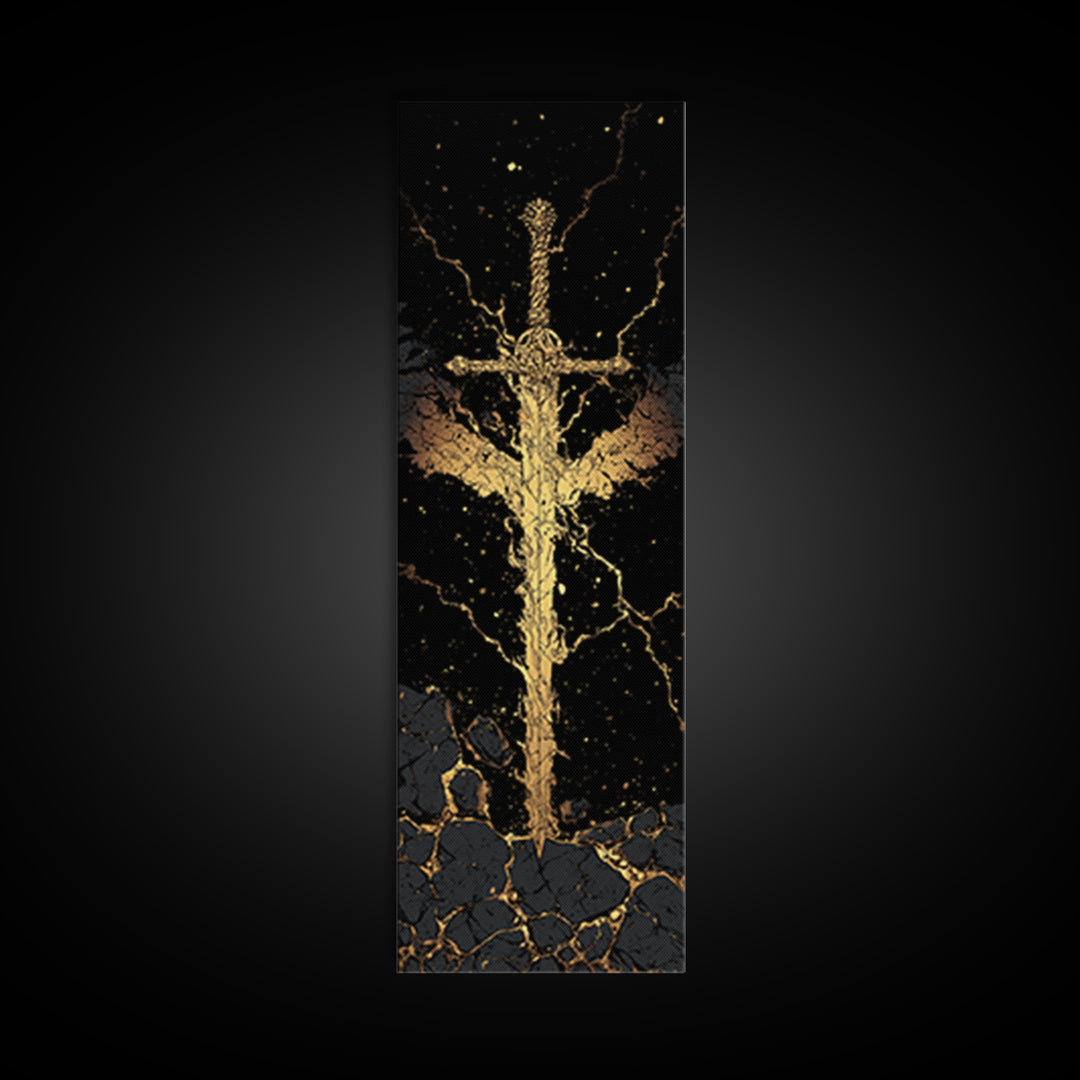Golden Sword Canvas Gold Art, Norse Mythology Viking Canvas Art Depicting Mythic Blade, Office Art or Man Cave Decor in Real Wood Framing