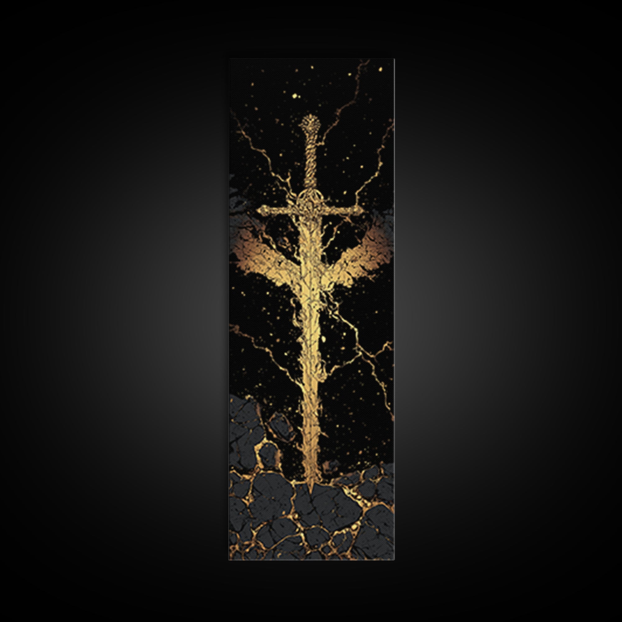 Golden Sword Canvas Gold Art, Norse Mythology Viking Canvas Art Depicting Mythic Blade, Office Art or Man Cave Decor in Real Wood Framing