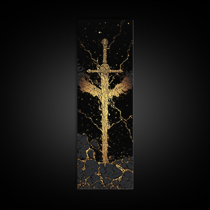Golden Sword Canvas Gold Art, Norse Mythology Viking Canvas Art Depicting Mythic Blade, Office Art or Man Cave Decor in Real Wood Framing