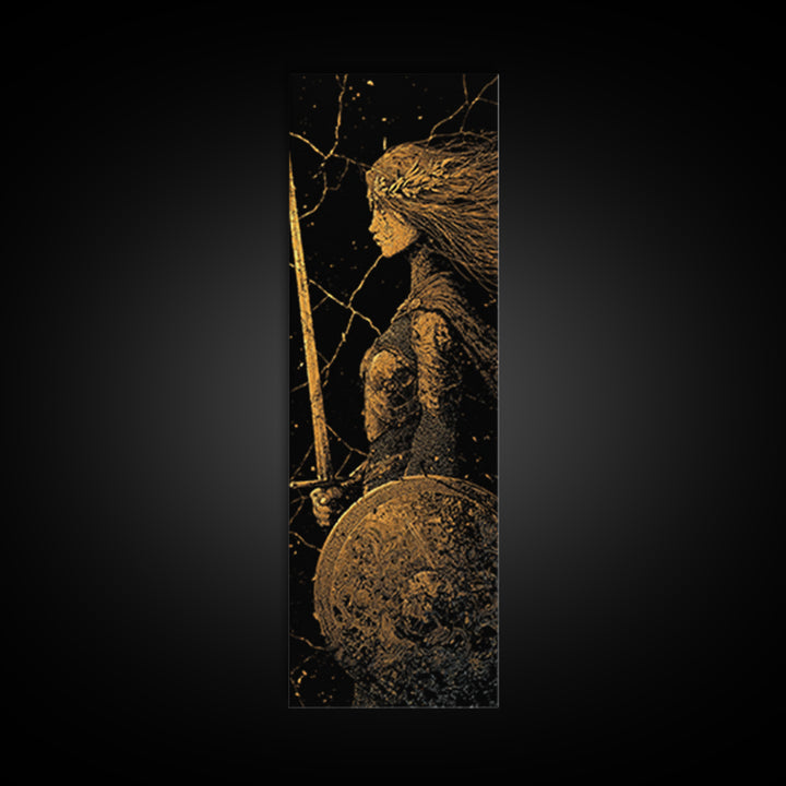 Hervor the Shieldmaiden Canvas Gold Art – Powerful Norse Warrior Canvas Art for Man Cave or Office, framed with real wood