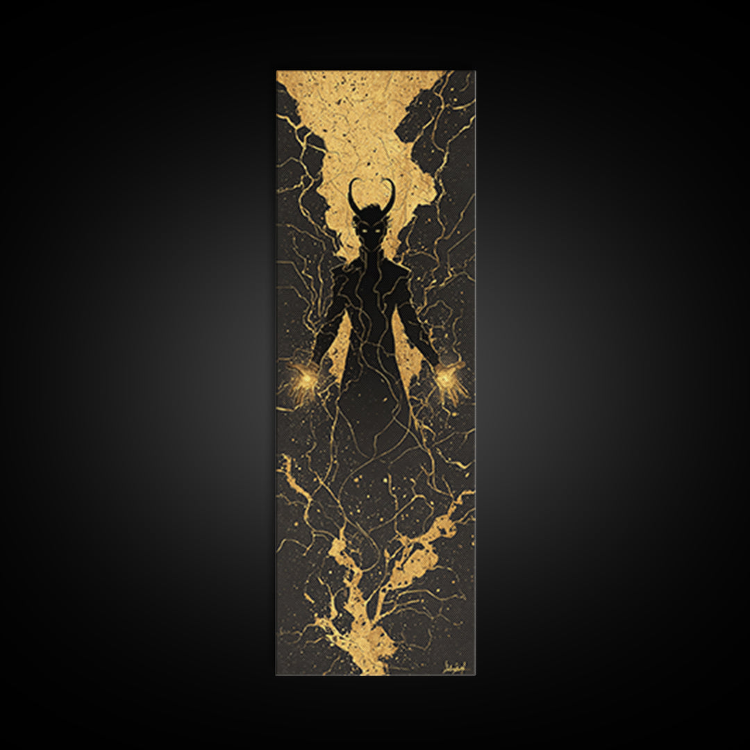 Loki Trickster God Canvas Gold Art – Dark Norse Mythology Canvas Art, Viking wall décor for men, framed in solid real wood