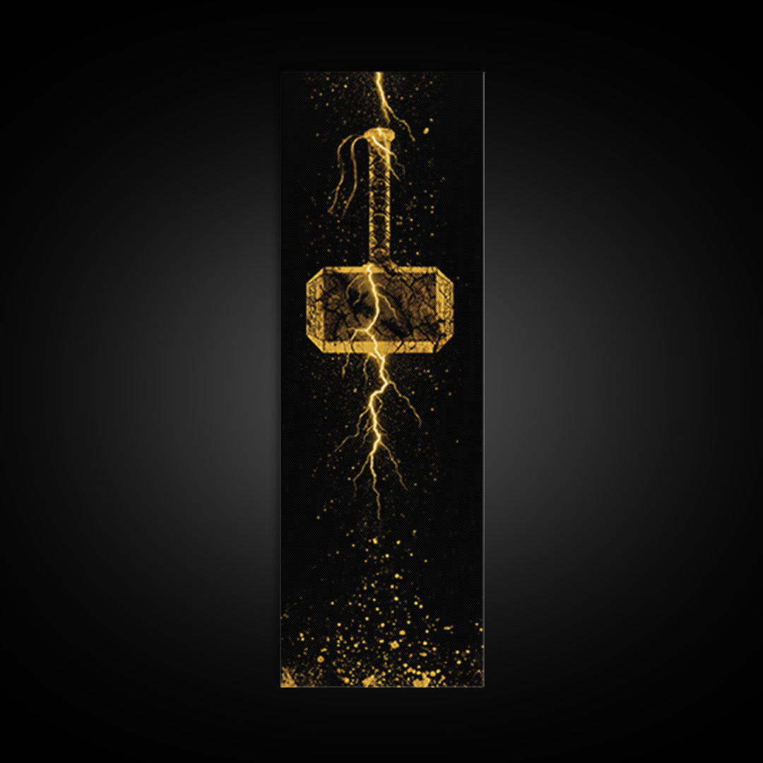 Thor’s Hammer Mjolnir Canvas Gold Art, Viking Canvas Art Norse Mythology Wall Decor, Office or Man Cave Artwork in Real Wood Frame