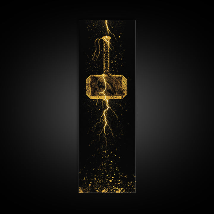 Thor’s Hammer Mjolnir Canvas Gold Art, Viking Canvas Art Norse Mythology Wall Decor, Office or Man Cave Artwork in Real Wood Frame