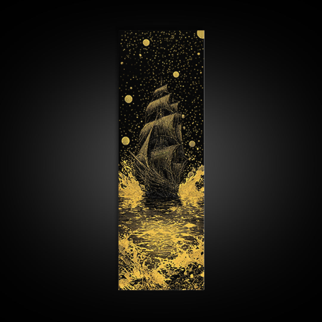 Naglfar Ship Norse Mythology Wall Decor, Canvas Gold Art Viking Canvas Art, Unique Dad Gift Office or Study Framed in Natural Wood