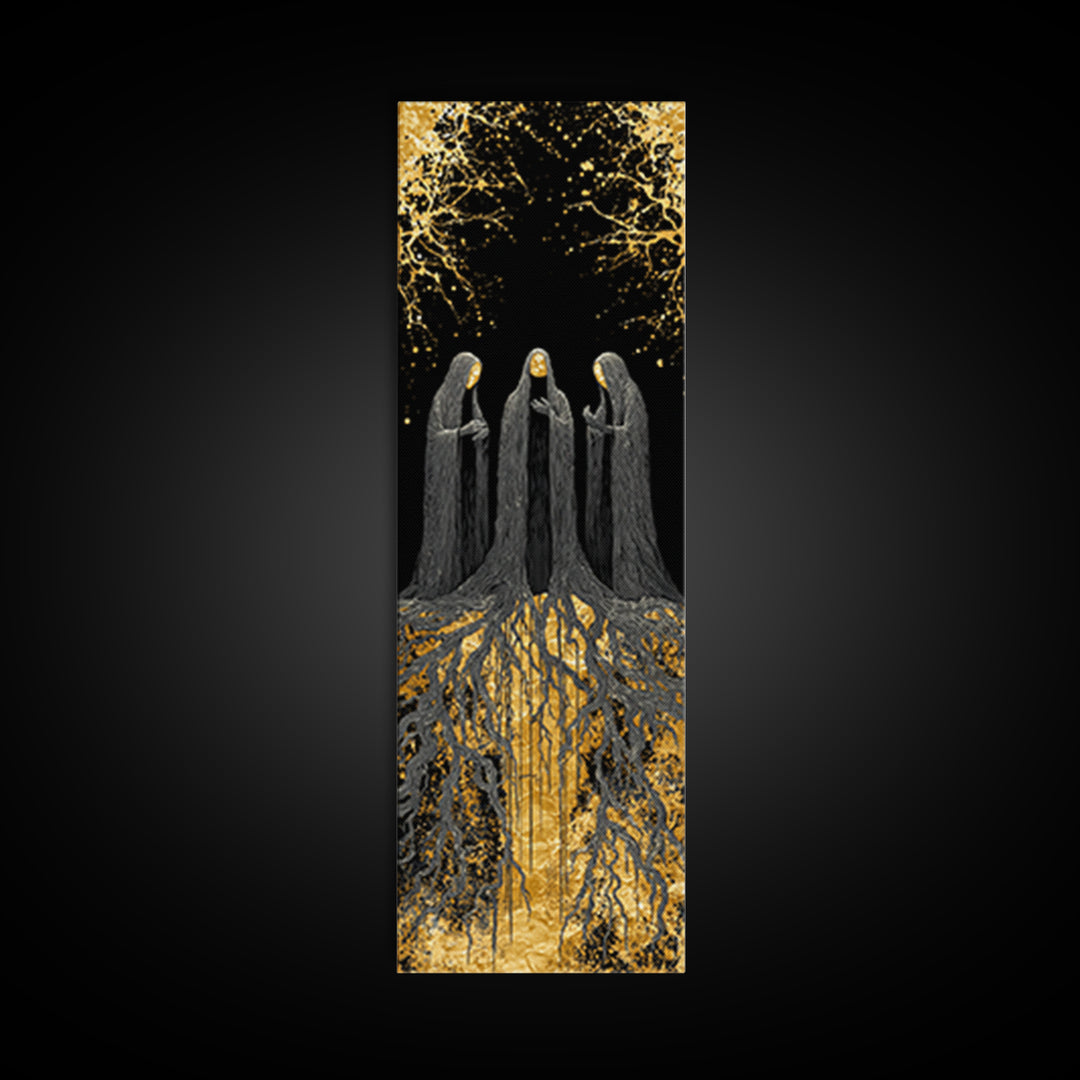 The Norns Canvas Gold Art, Viking Canvas Art of Norse Fates, Nordic Mythology Wall Hanging, Spiritual Office Art with Real Wood Frame
