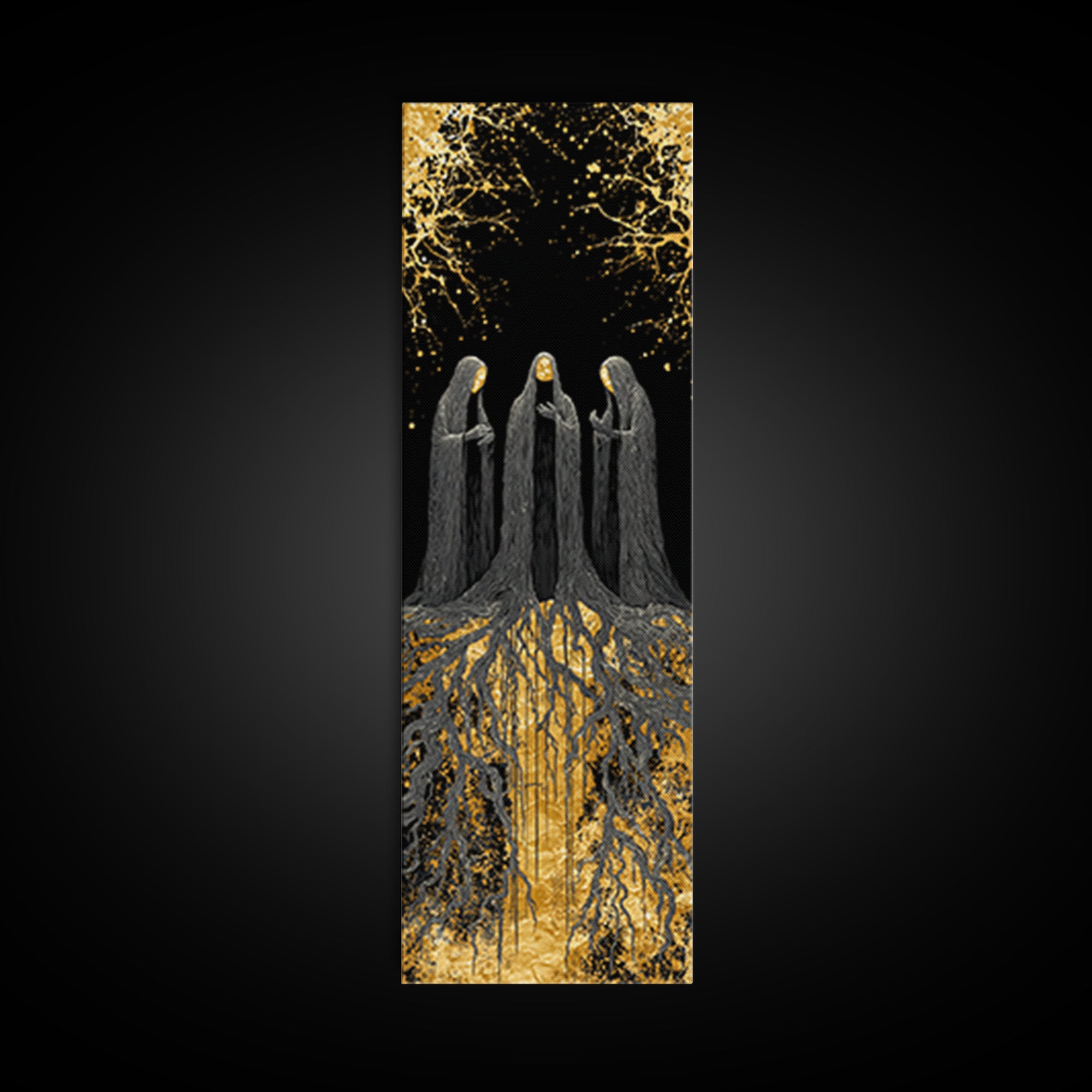 The Norns Canvas Gold Art, Viking Canvas Art of Norse Fates, Nordic Mythology Wall Hanging, Spiritual Office Art with Real Wood Frame