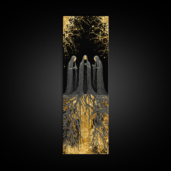 The Norns Canvas Gold Art, Viking Canvas Art of Norse Fates, Nordic Mythology Wall Hanging, Spiritual Office Art with Real Wood Frame