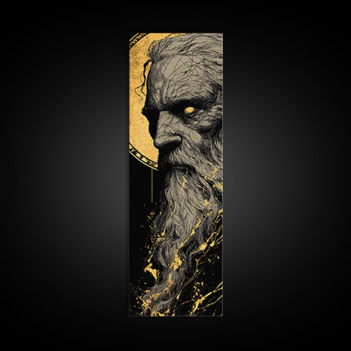 Odin Canvas Gold Art, Viking Canvas Art Norse Allfather Portrait, Nordic Mythology Wall Decor for Man Cave or Office in Wood Frame