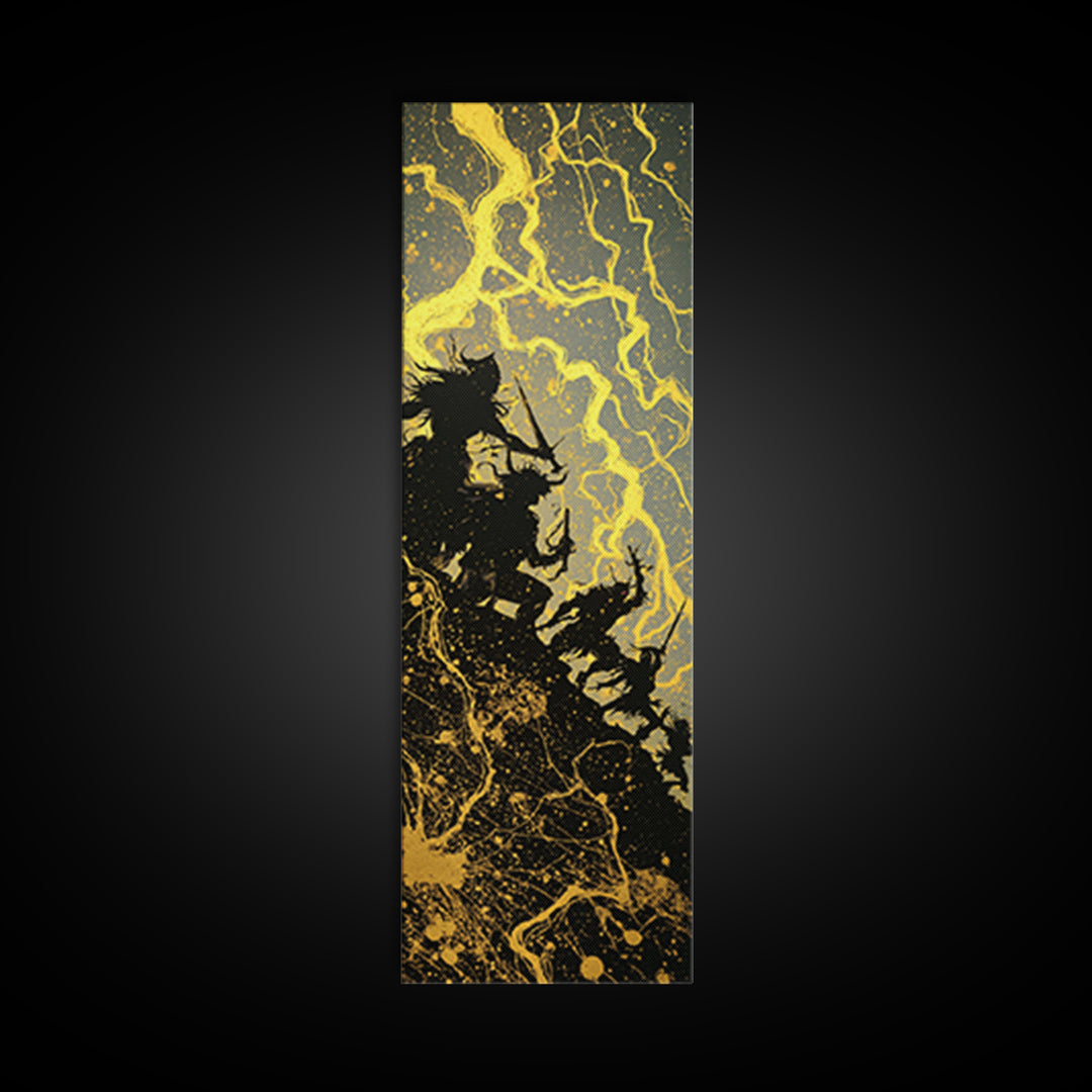 Ragnarok Canvas Gold Art, Viking Canvas Art Epic Norse Mythology Battle Scene, Nordic Warrior Office Wall Decor Framed in Natural Wood