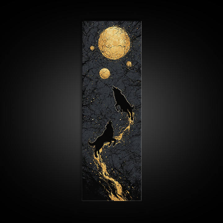 Sköll and Hati Wolves Canvas Gold Art, Viking Canvas Art Norse Mythology Wall Decor, Nordic Moon Wolves Office or Man Cave in Wood Frame