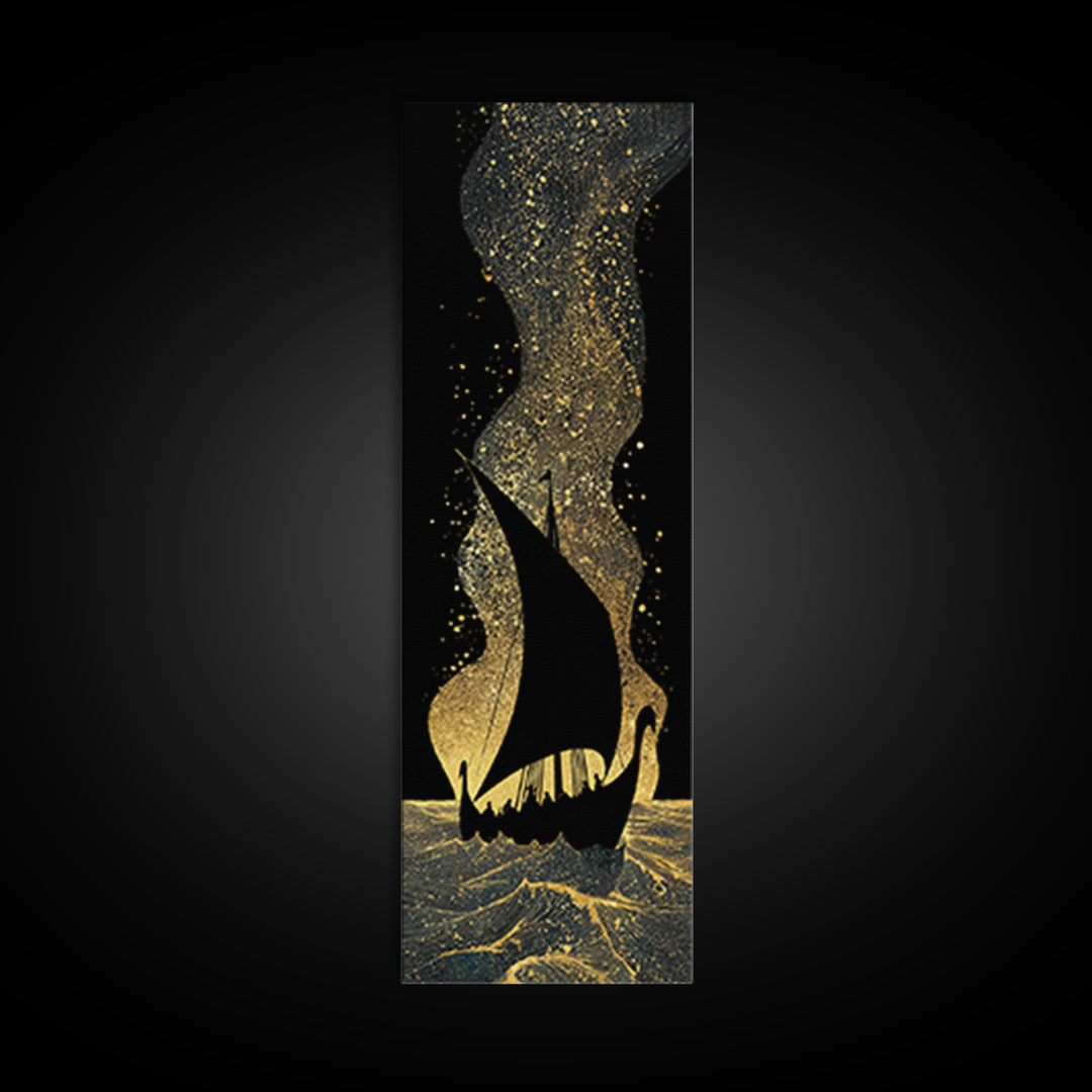 Nordic Viking Ship Canvas Gold Art, Mythology Inspired Canvas Art for Office or Man Cave, framed in authentic wood craftsmanship