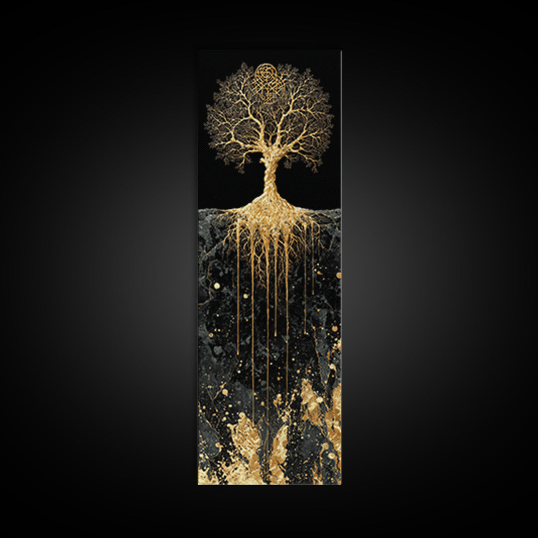 Canvas Art Yggdrasil Nordic Tree of Life, Canvas Gold Art framed with real wood, Norse Mythology inspired office or dad gift wall art