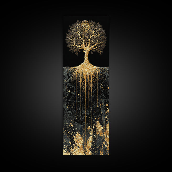 Canvas Art Yggdrasil Nordic Tree of Life, Canvas Gold Art framed with real wood, Norse Mythology inspired office or dad gift wall art