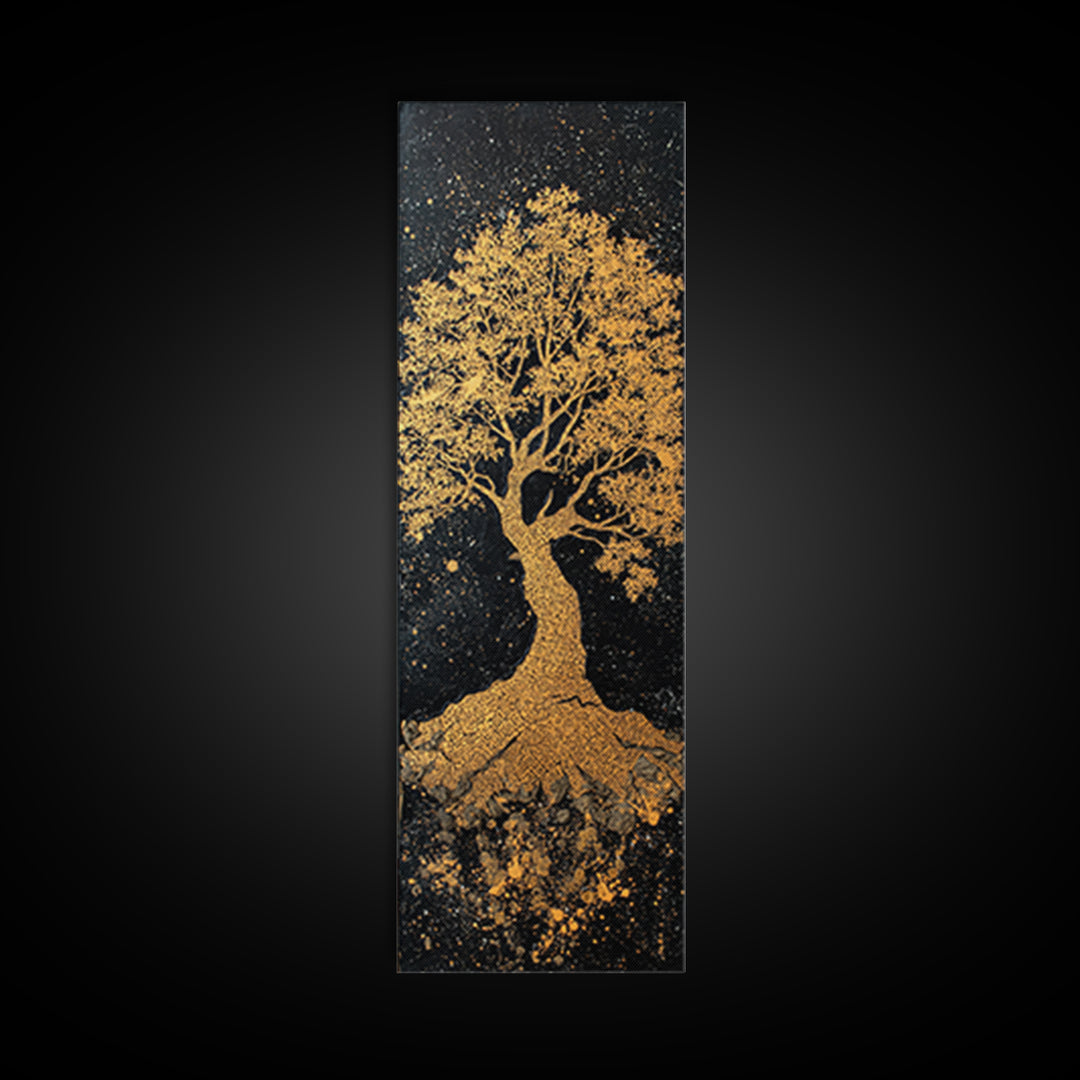 Yggdrasil Canvas Gold Art Norse World Tree, Nordic Mythology Canvas Art framed in natural wood, perfect Viking man cave wall decor