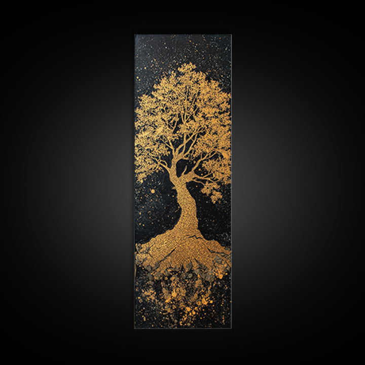 Yggdrasil Canvas Gold Art Norse World Tree, Nordic Mythology Canvas Art framed in natural wood, perfect Viking man cave wall decor