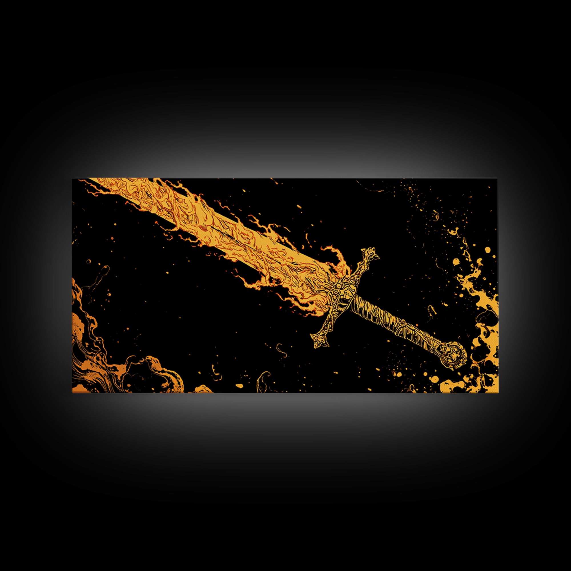Surtur’s Flaming Sword Canvas Gold Art Canvas Art Viking Wall Decor, Norse Mythology Office Gift with Real Wood Frame