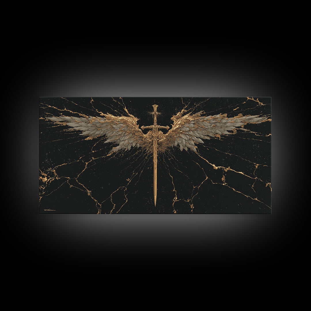 Winged Sword Canvas Gold Art Canvas Art Norse Mythology Wall Art Framed in Real Wood, Viking Office Decor or Dad Gift