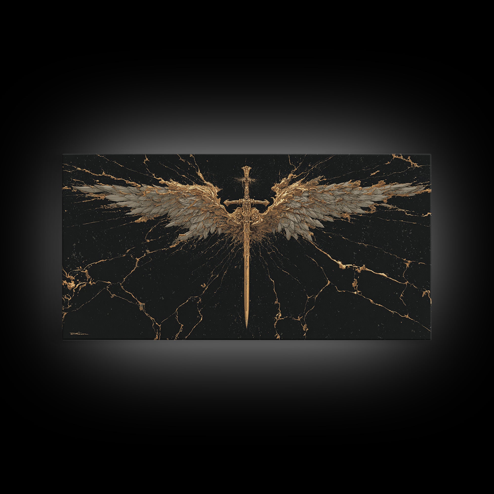 Winged Sword Canvas Gold Art Canvas Art Norse Mythology Wall Art Framed in Real Wood, Viking Office Decor or Dad Gift