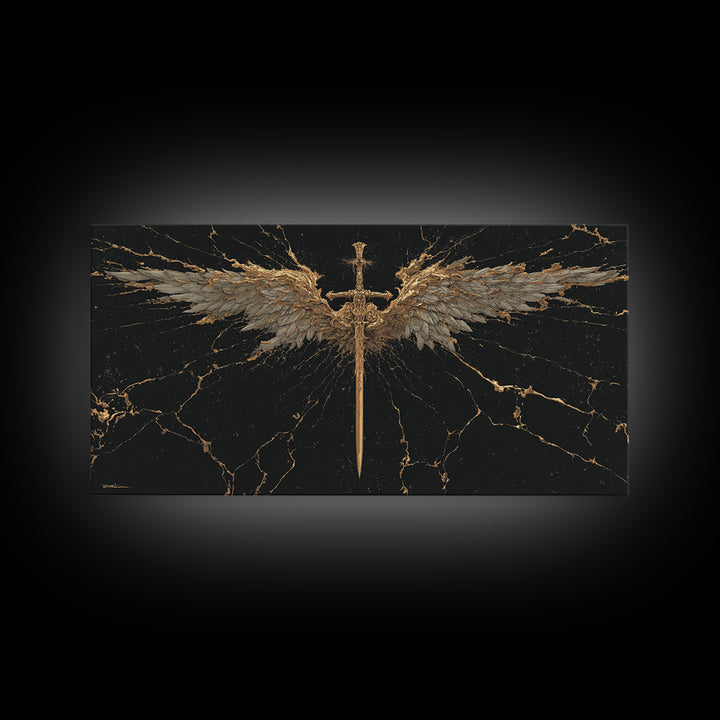 Winged Sword Canvas Gold Art Canvas Art Norse Mythology Wall Art Framed in Real Wood, Viking Office Decor or Dad Gift
