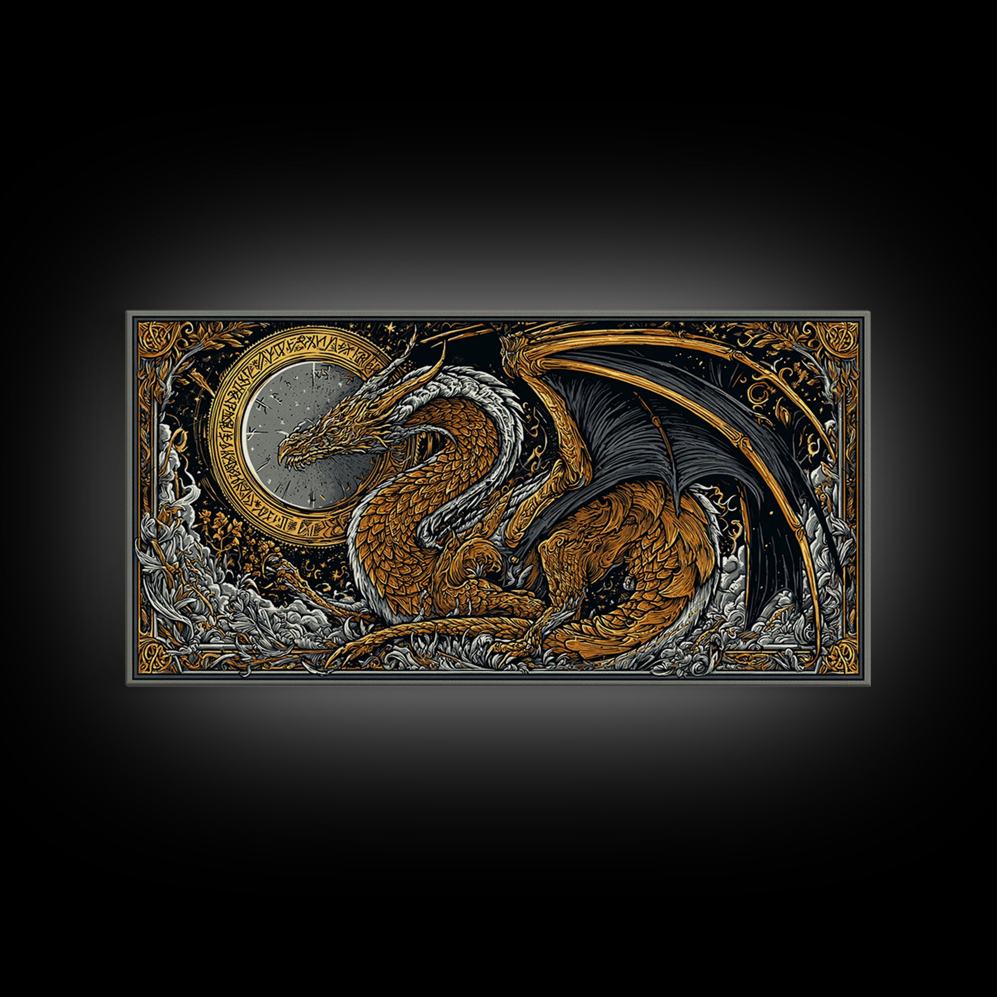 Nidhogg Dragon Canvas Gold Art Canvas Art Norse Mythology Wall Decor with Real Wood Frame, Viking Man Cave or Office Gift