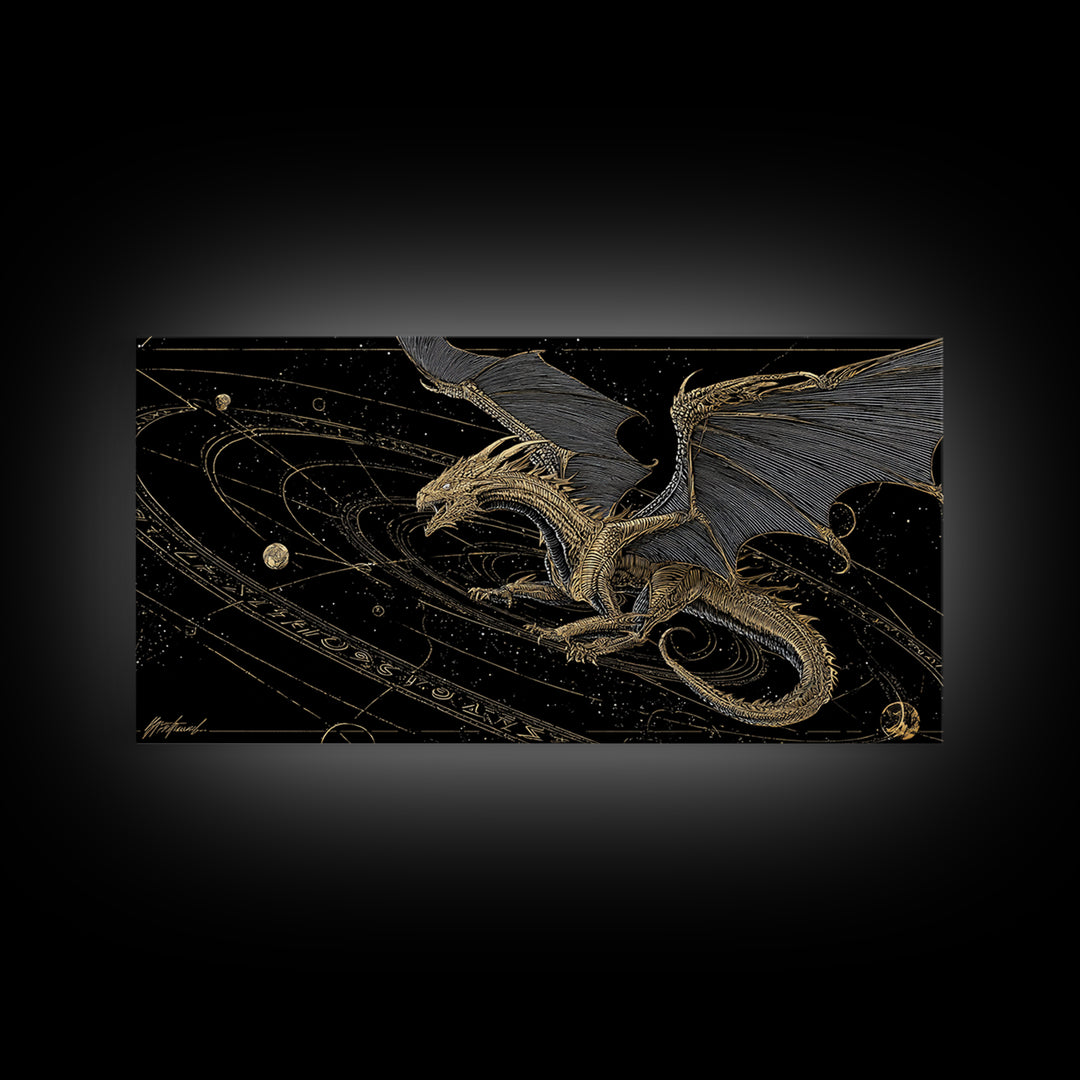 Cosmic Norse Dragon Canvas Gold Art Canvas Art Wall Decor, Nordic Mythology Gift for Office or Man Cave, Natural Wood Frame