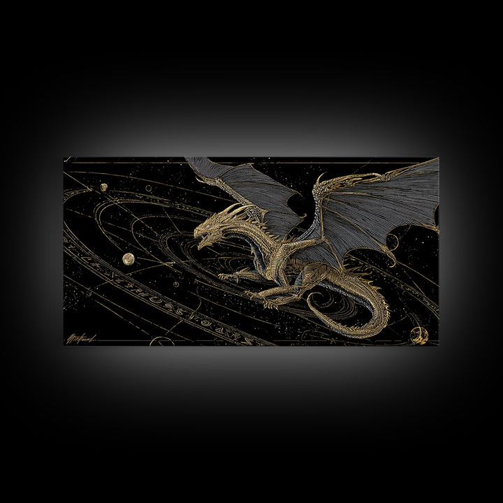 Cosmic Norse Dragon Canvas Gold Art Canvas Art Wall Decor, Nordic Mythology Gift for Office or Man Cave, Natural Wood Frame