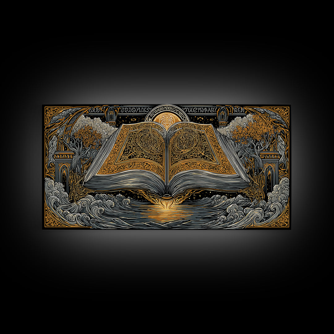 Poetic Edda Book Canvas Gold Art Canvas Art Norse Mythology Wall Decor with Real Wood Frame, Viking Office or Dad Gift Artwork