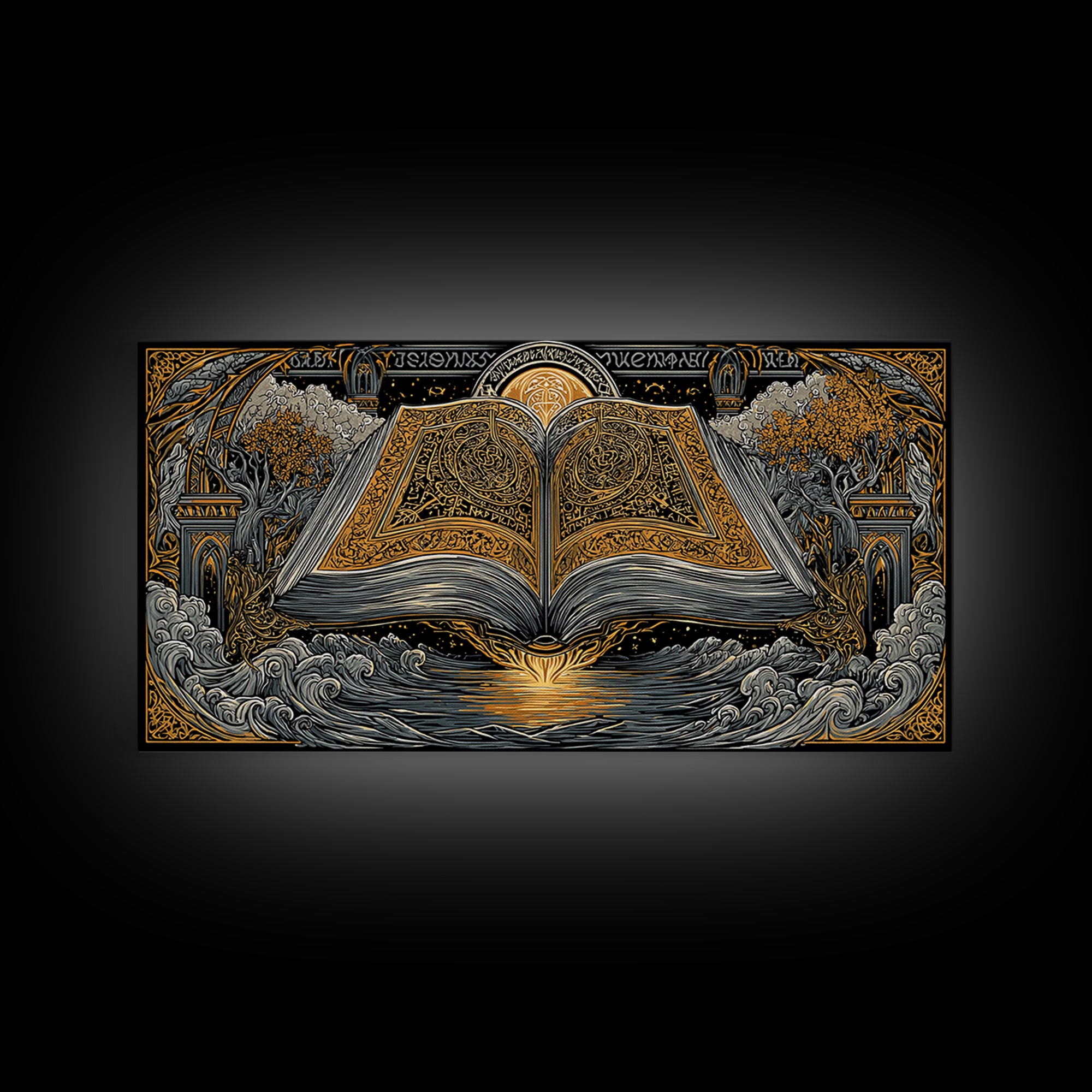 Poetic Edda Book Canvas Gold Art Canvas Art Norse Mythology Wall Decor with Real Wood Frame, Viking Office or Dad Gift Artwork