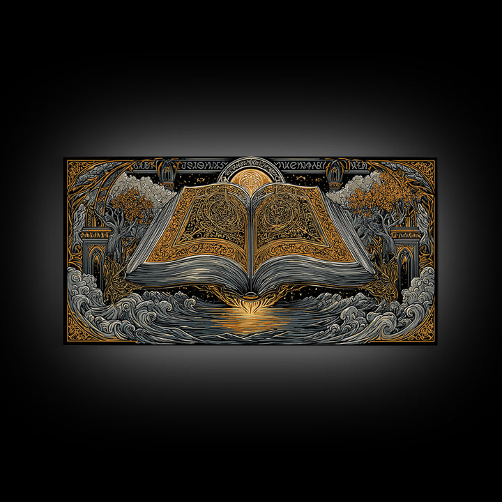 Poetic Edda Book Canvas Gold Art Canvas Art Norse Mythology Wall Decor with Real Wood Frame, Viking Office or Dad Gift Artwork