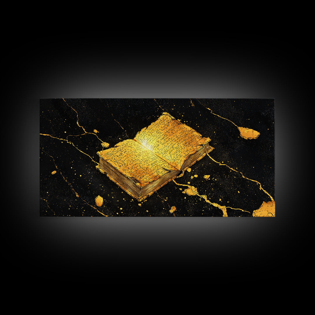 Ancient Nordic Runes Book Canvas Gold Art Canvas Art with Cosmic Background, Viking Mythology Wall Decor, Real Wood Frame