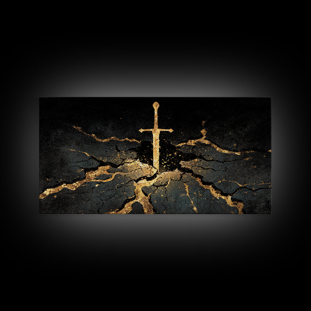 Sword of Ragnarok Canvas Gold Art, Nordic Mythology Canvas Art Wall Decor, Viking Office Art framed in natural wood for men’s spaces