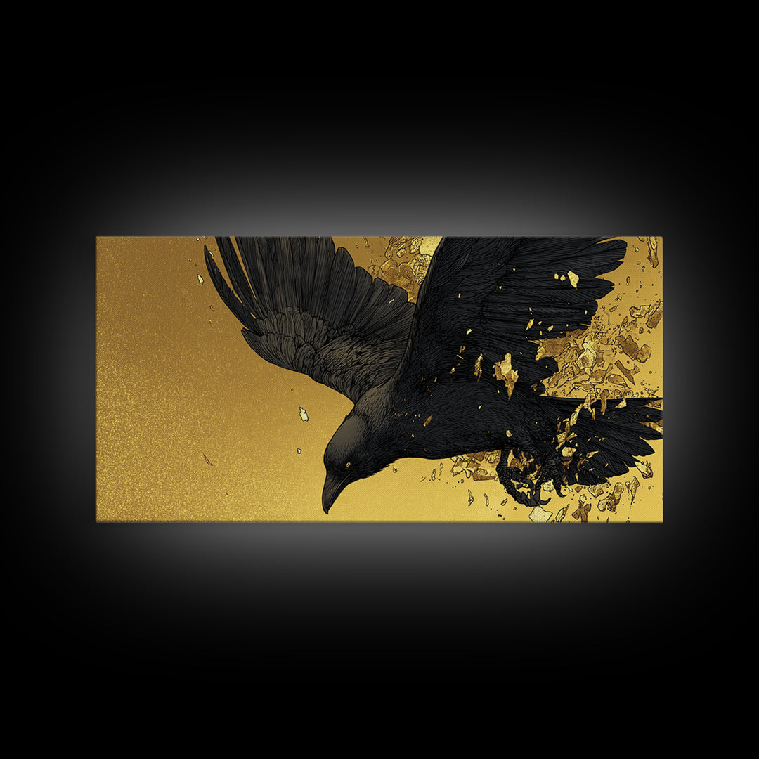 Odin’s Raven Huginn Canvas Gold Art Canvas Art Norse Mythology Wall Decor with Natural Wood Frame, Man Cave or Office Gift