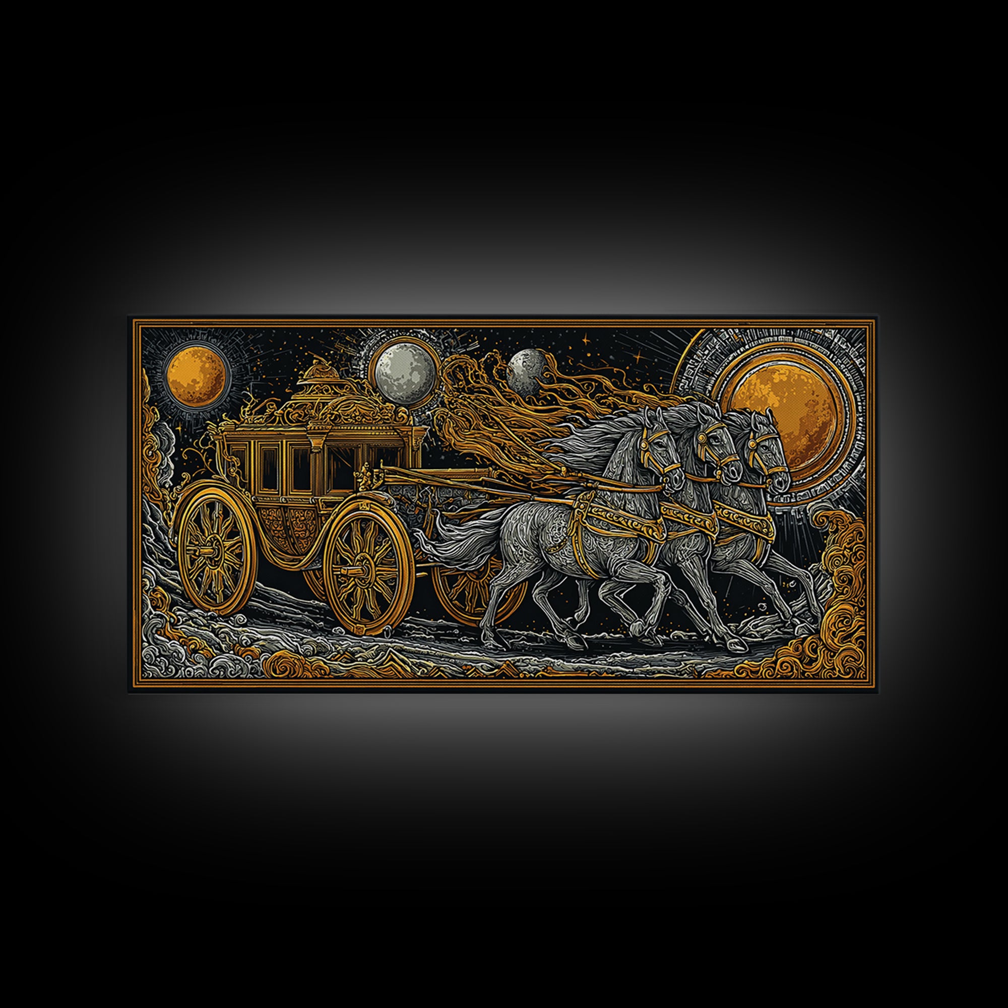 Chariot of Sol Norse Canvas Gold Art, Nordic Mythology Canvas Art Wall Hanging, Viking Decor for Office or Dad Gift, framed in wood