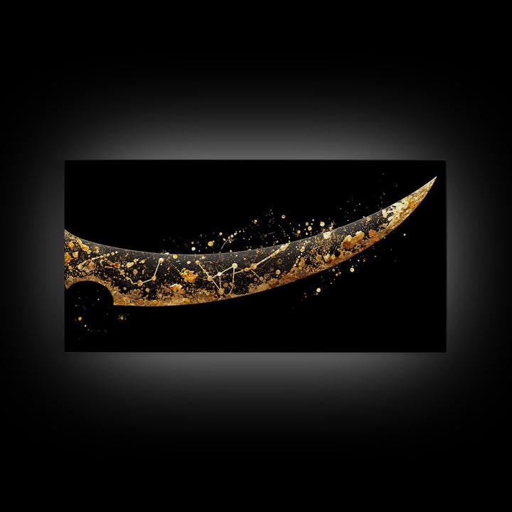 Curved Viking Blade Canvas Gold Art, Nordic Mythology Canvas Art Sword Print, Man Cave Wall Decor with real wood frame, warrior gift