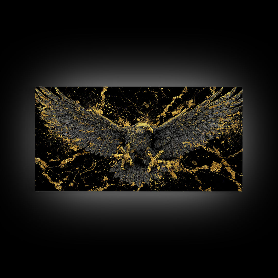 Odin’s Golden Eagle Canvas Gold Art, Norse Mythology Canvas Art Wall Decor, Viking Office Art framed in wood, bold masculine design