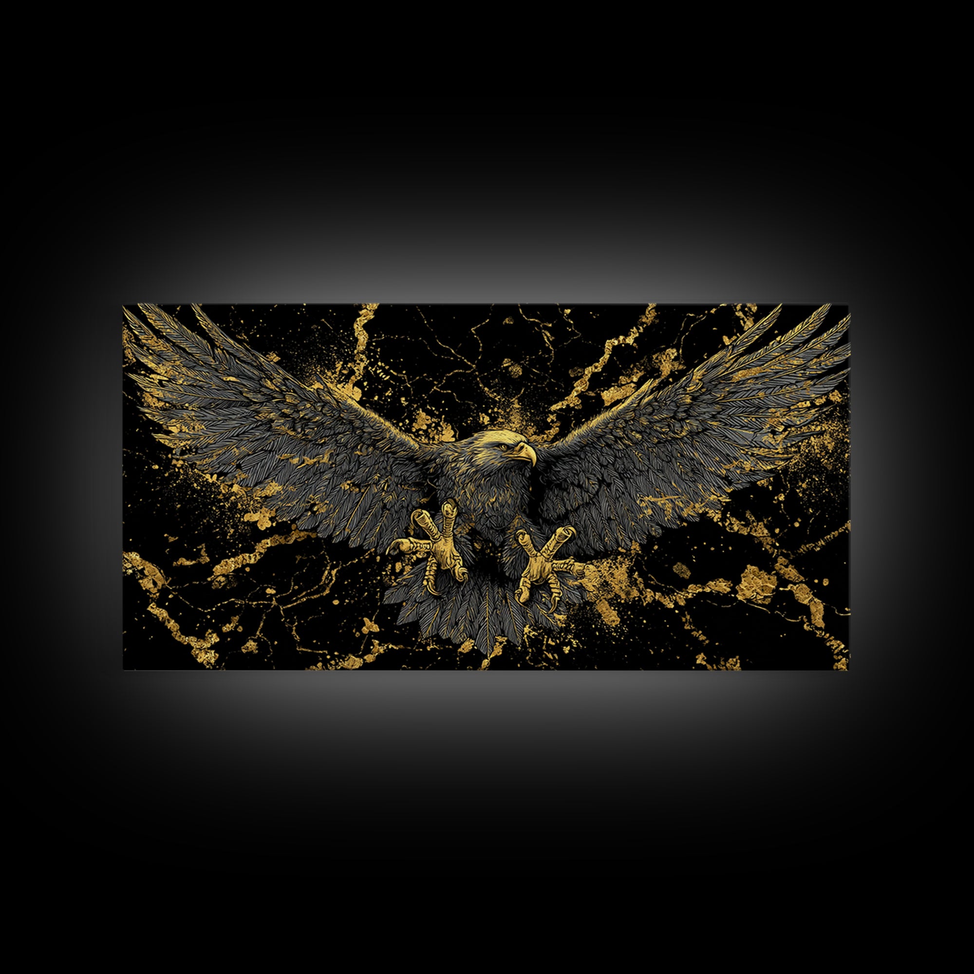 Odin’s Golden Eagle Canvas Gold Art, Norse Mythology Canvas Art Wall Decor, Viking Office Art framed in wood, bold masculine design