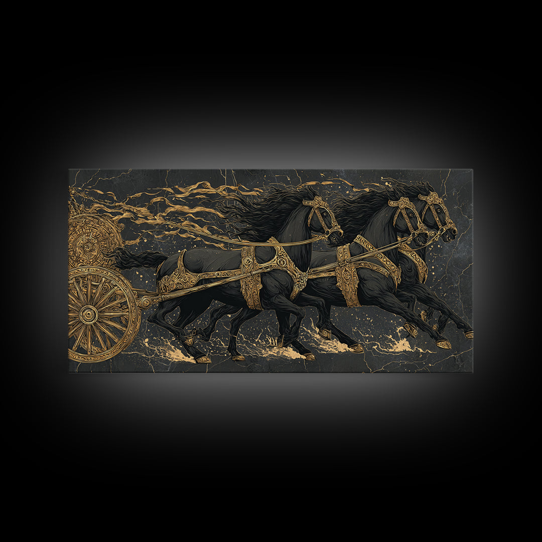 Viking War Chariot Canvas Gold Art, Nordic Mythology Canvas Art Print, Norse Decor for Office or Man Cave, framed with natural wood