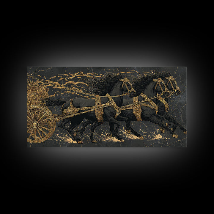 Viking War Chariot Canvas Gold Art, Nordic Mythology Canvas Art Print, Norse Decor for Office or Man Cave, framed with natural wood