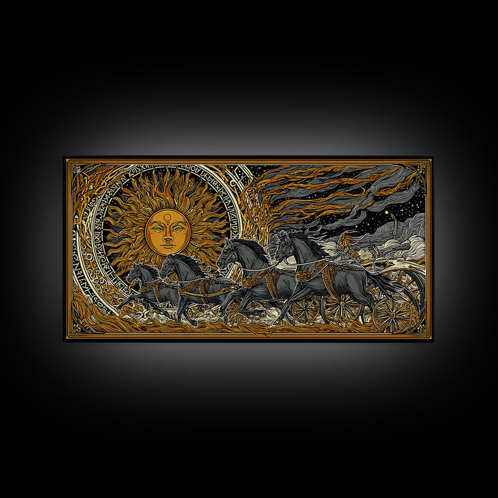 Sun Chariot of Sol Canvas Gold Art, Norse Mythology Canvas Art Wall Hanging, Viking Decor for Dad Gift, framed in authentic wood