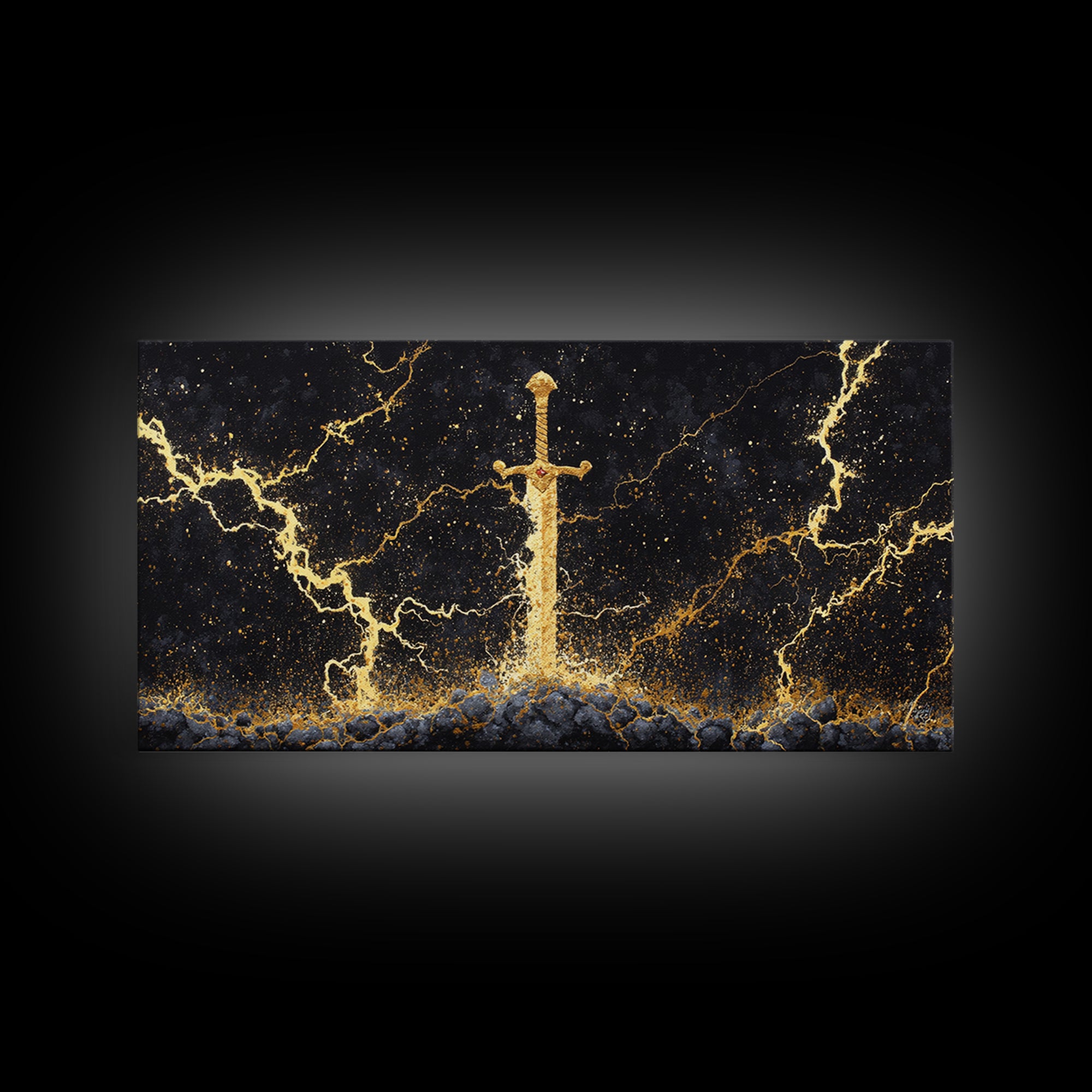 Excalibur Sword Canvas Gold Art, Norse Inspired Canvas Art Wall Decor, Mythology Office Art with wood frame, gift for men’s man cave
