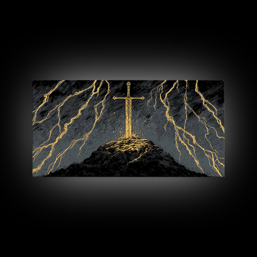 Storm Sword Canvas Gold Art, Nordic Mythology Canvas Art Print, Viking Office Wall Art framed in real wood, masculine gift idea