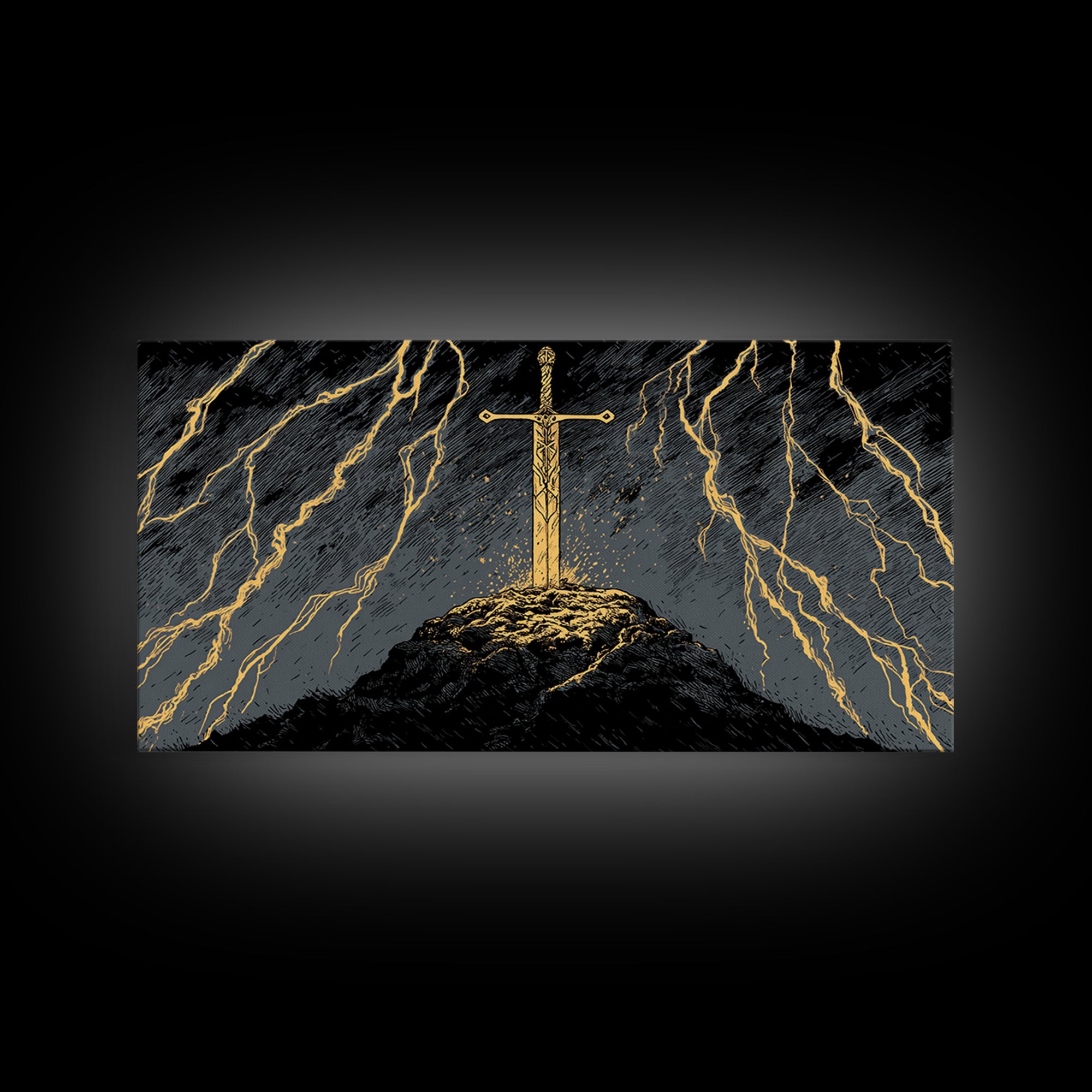Storm Sword Canvas Gold Art, Nordic Mythology Canvas Art Print, Viking Office Wall Art framed in real wood, masculine gift idea