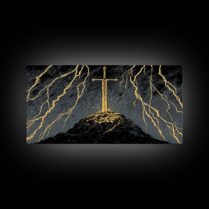 Storm Sword Canvas Gold Art, Nordic Mythology Canvas Art Print, Viking Office Wall Art framed in real wood, masculine gift idea