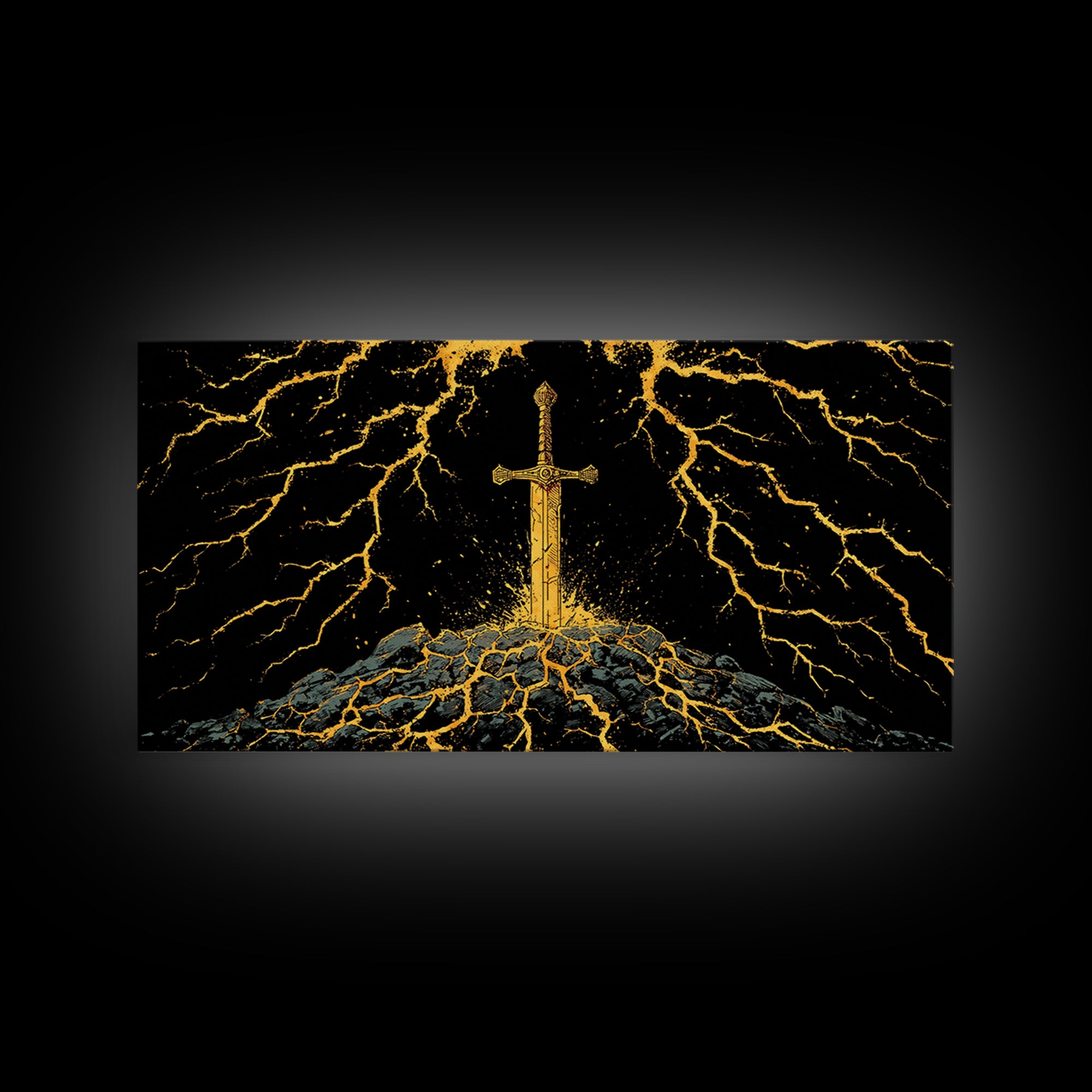 Lightning Sword Canvas Gold Art, Norse Mythology Canvas Art Wall Decor, Viking Warrior Office Art with natural wood frame, dad gift