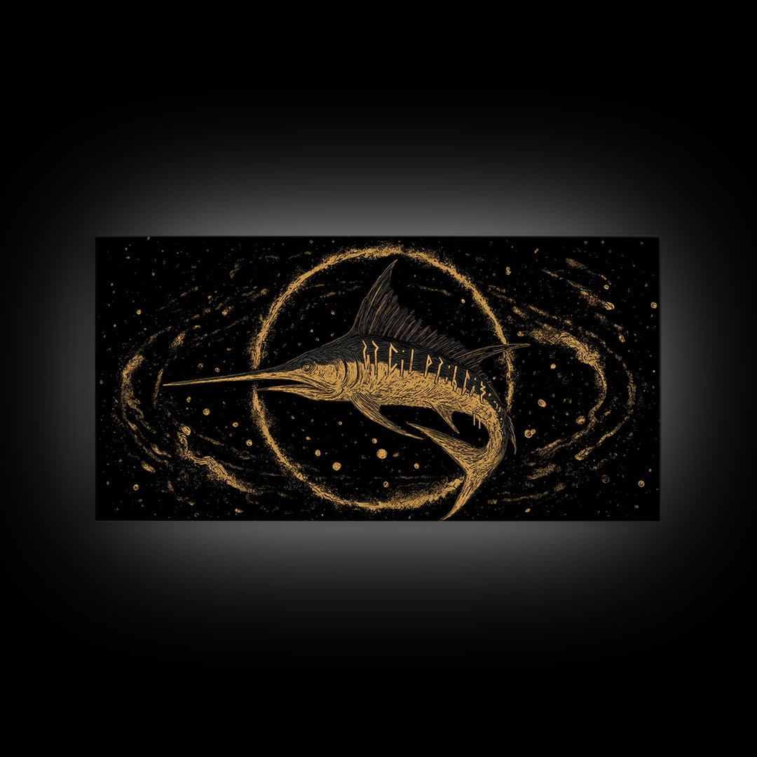 Swordfish Canvas Gold Art Nordic Mythology Inspired Canvas Art for Man Cave Wall Decor, Office Art Framed in Natural Wood