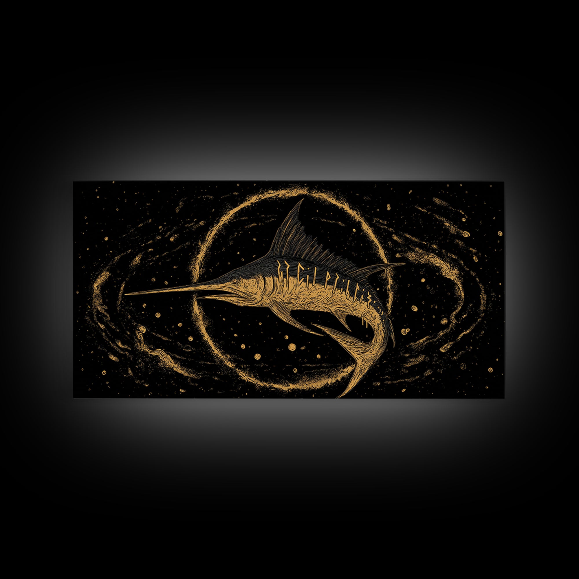 Swordfish Canvas Gold Art Nordic Mythology Inspired Canvas Art for Man Cave Wall Decor, Office Art Framed in Natural Wood