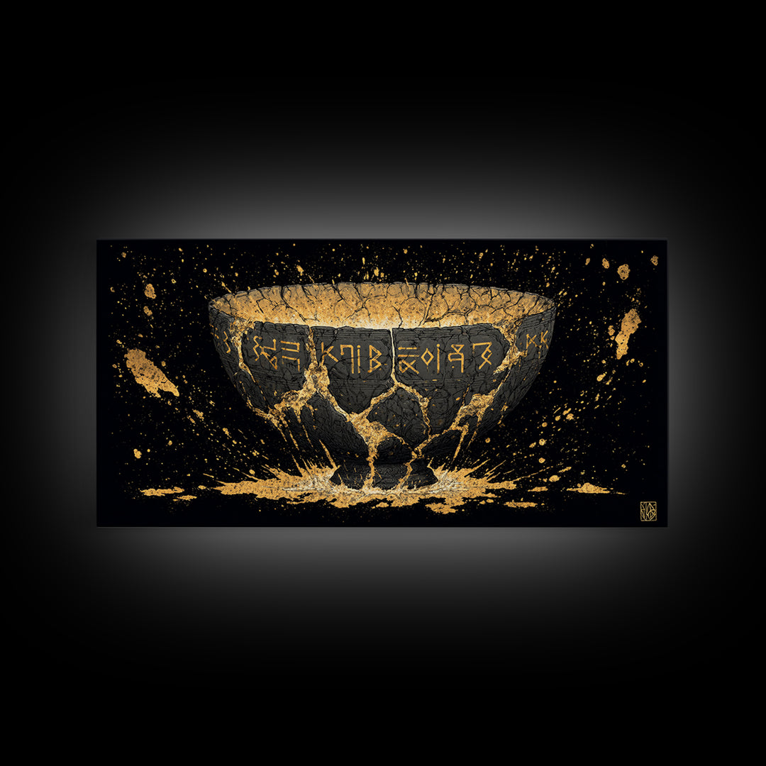 Viking Rune Bowl Canvas Gold Art, Nordic Mythology Canvas Art with Real Wood Frame, Unique Office Wall Decor, Man Cave Gift