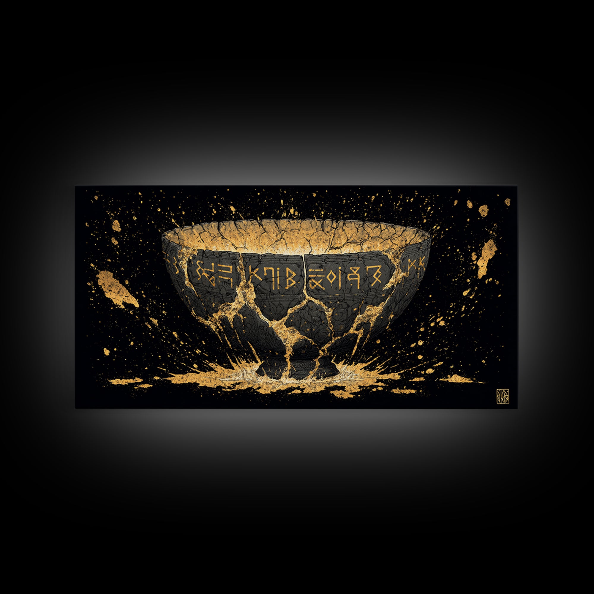 Viking Rune Bowl Canvas Gold Art, Nordic Mythology Canvas Art with Real Wood Frame, Unique Office Wall Decor, Man Cave Gift